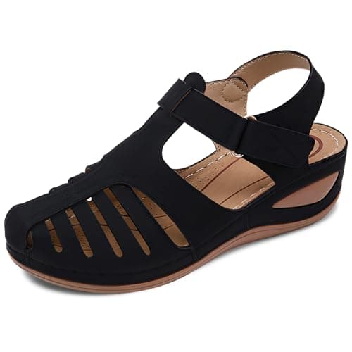 SHIBEVER Wedge Sandals for Women Black Closed Toe Sandals Platform Dressy Summer Orthopedic Wedge Size 9