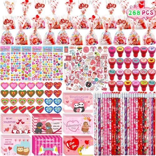 Phaorui 268 Pcs Kids Valentines Day Gifts for School Classroom Exchange Valentines Goodie Bags Stuffers Valentines Day Cards for Kids Party Favors Class Treats Valentines Stationery Set