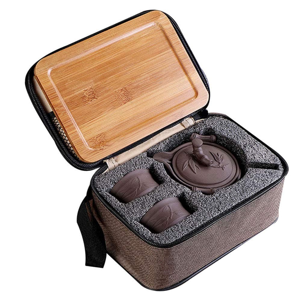 Yixing Purple Clay Travel Tea Set Kungfu Teapot Teacups Wooden Tea Tray Portable Travel Bag