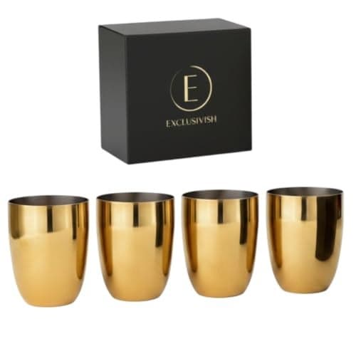 Exclusivish Shiny PVD Gold Stainless Steel Glass Set of 4 | Food Grade Drinking Glass Tumblers | Wedding & Anniversary Gift Set for Couples | Dishwasher Safe, Non-Toxic, Anti-Tarnish Drinkware