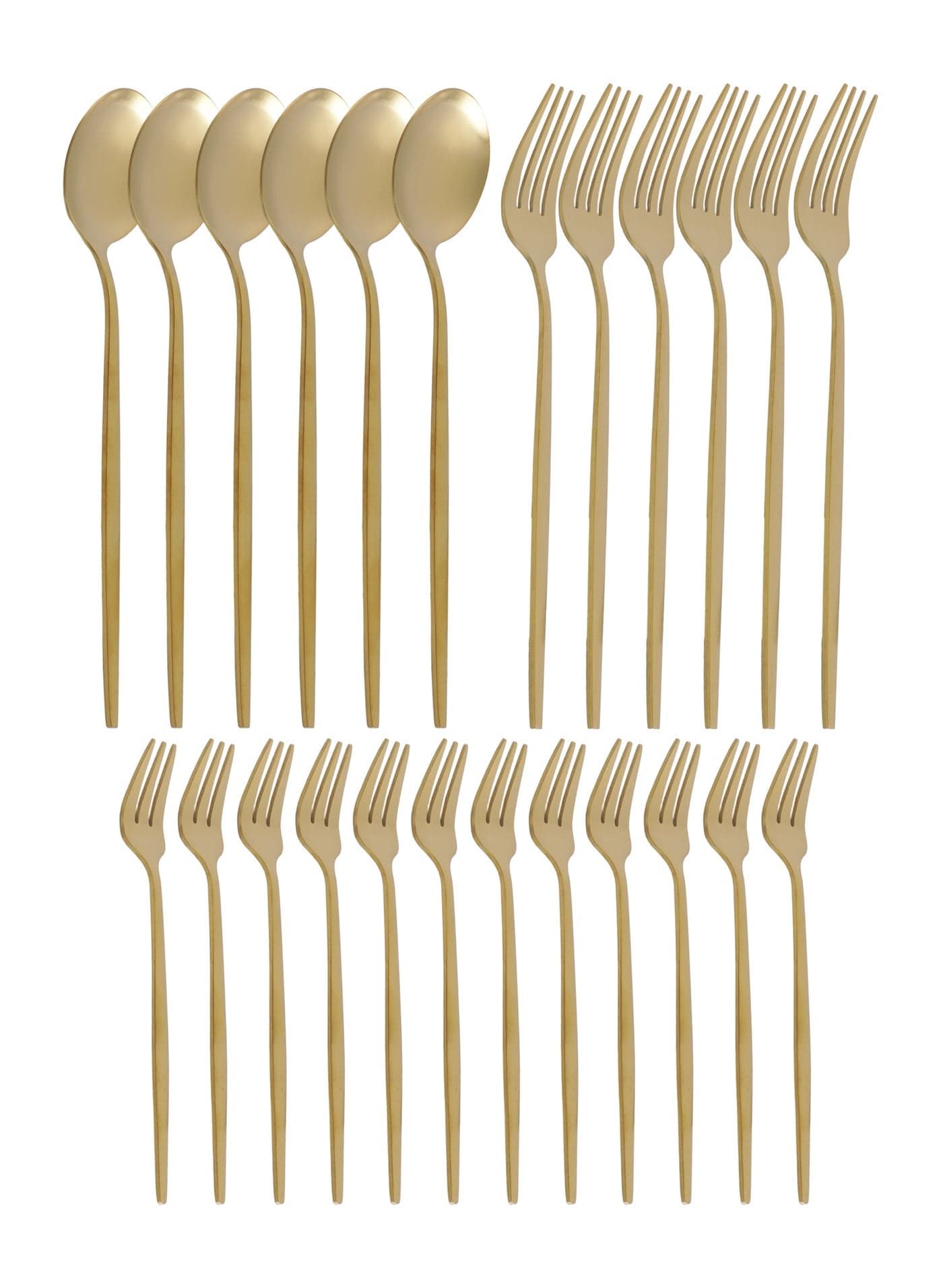 Life Smile 24-Piece Gold Cutlery Set | 18/10 Stainless Steel | Service for 6 | Dinner Spoons, Dinner Forks & Cake Forks | Modern Matte Gold Flatware Set