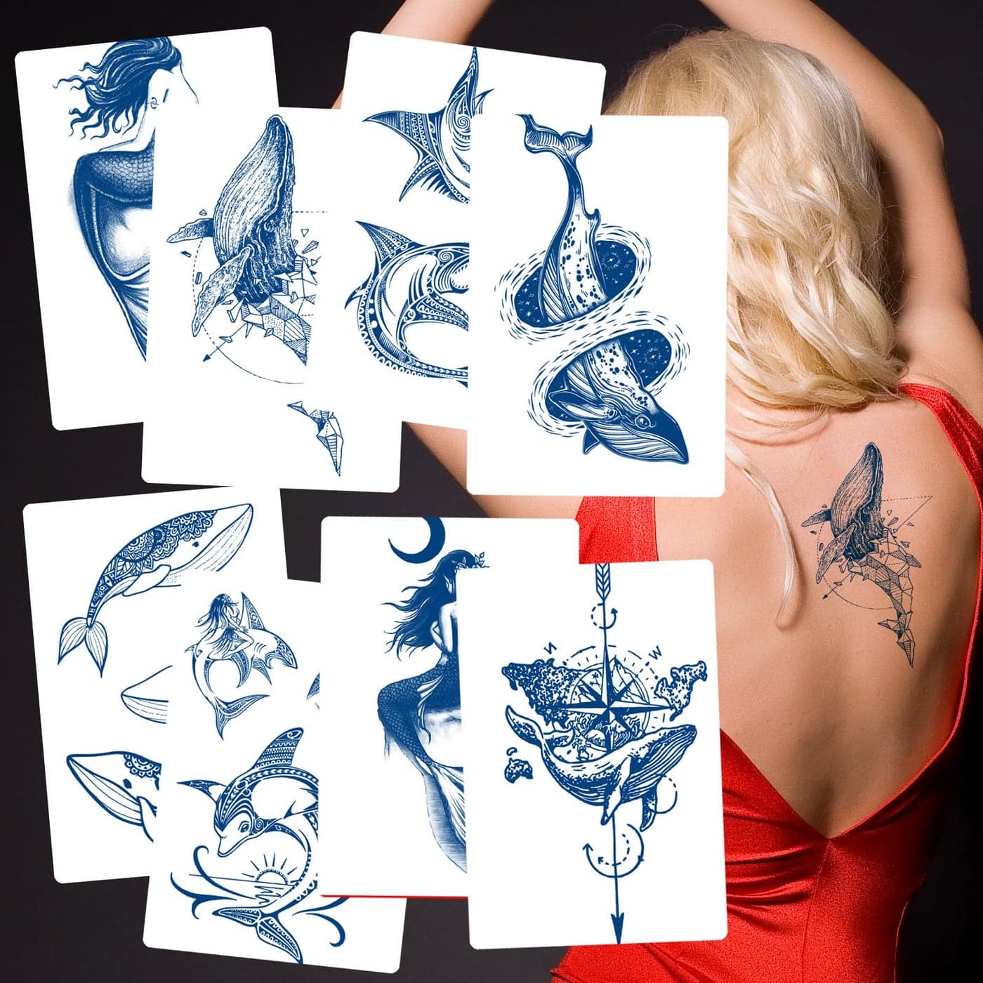 Kotbs 8 Sheets SemiPermanent Whale Shark Tattoos Long Lasting 12 Week Premium Fake Tattoos PlantBased Waterproof Realistic Body Art Tattoo Stickers for Adults Men Women Girls Kids