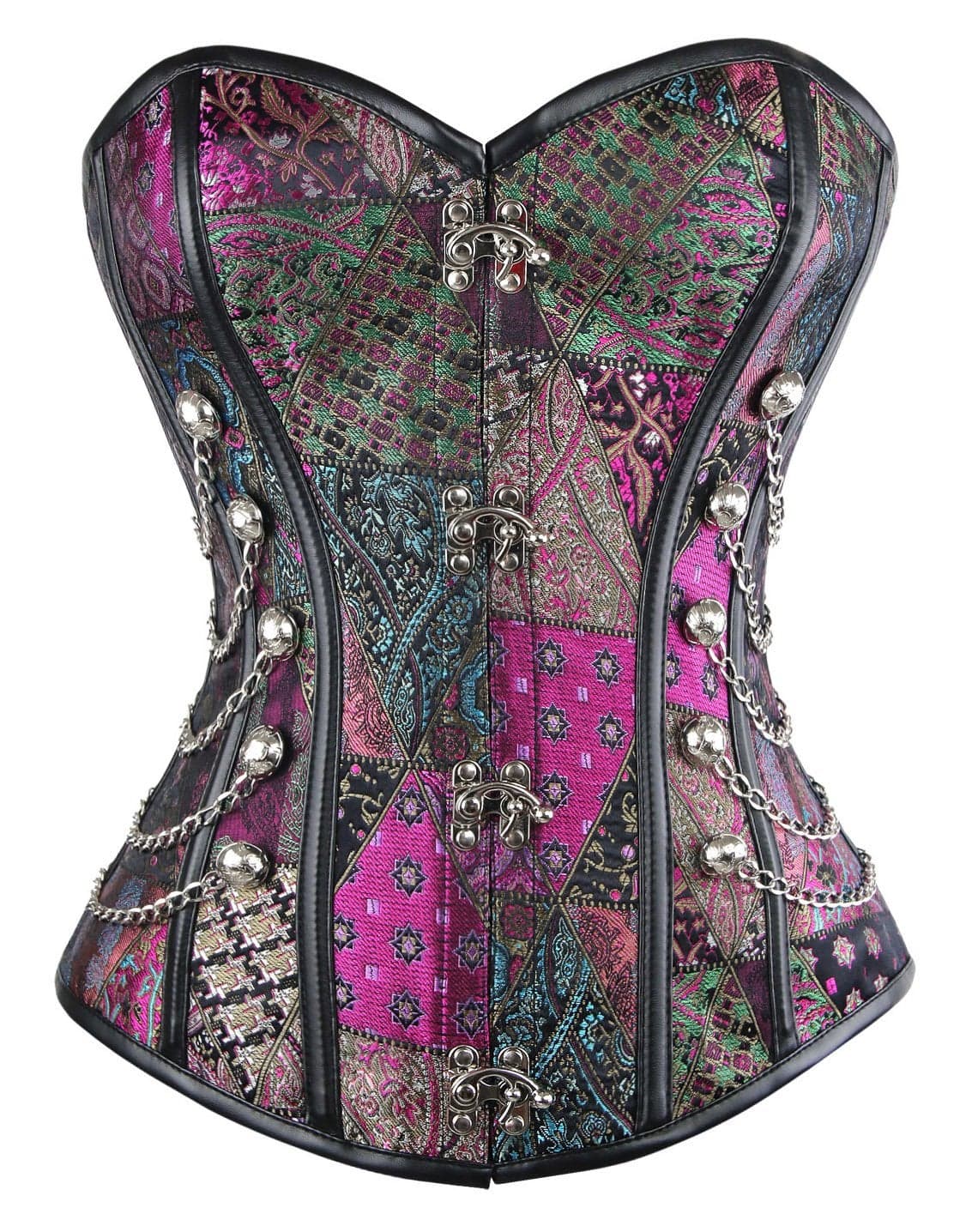 Charmian Women's Steampunk Gothic Spiral Steel Boned Brocade Waist Cincher Overbust Corset with Chains Purple XX-Large