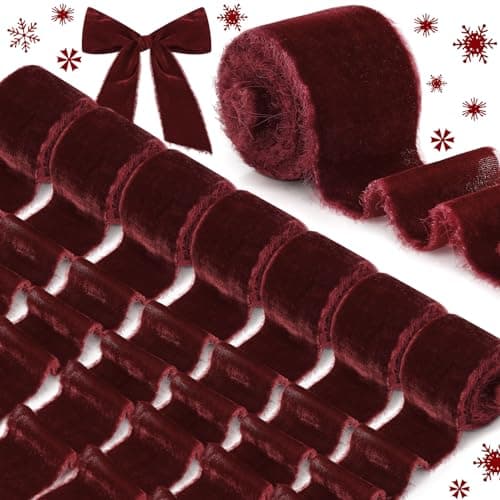 24 Yards Christmas Velvet Wrapping Ribbon 8 Roll Silk Frayed Handmade Velvet Ribbon for Wedding Bouquet Invitation Christmas Wreaths Decor Gift Wrapping Cards DIY Burgundy Red2 Inch