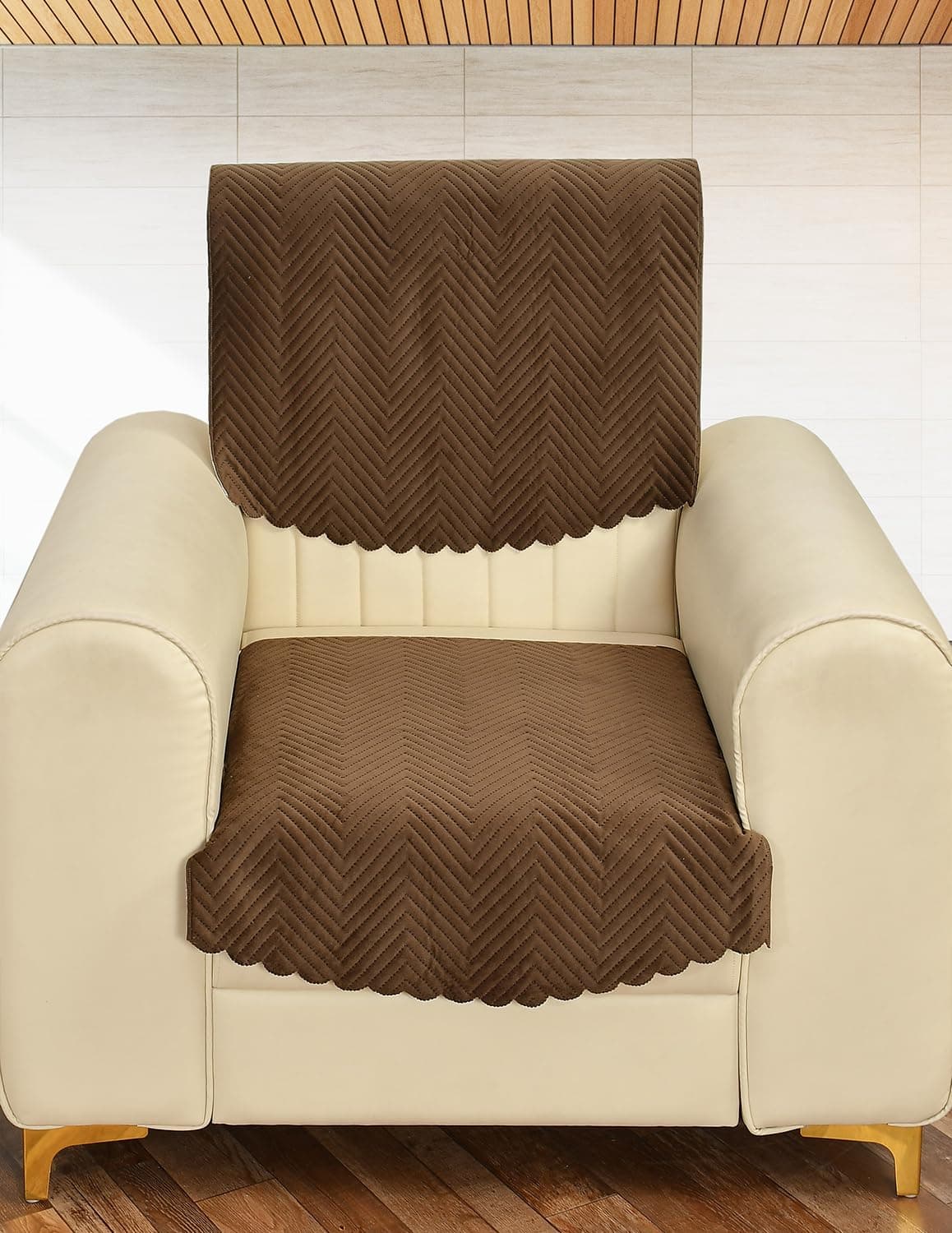 Yellow Weaves Velvet 1 Seater Quilted Sofa Chair Cover, Seat & Back Cover, Color - Dark Brown