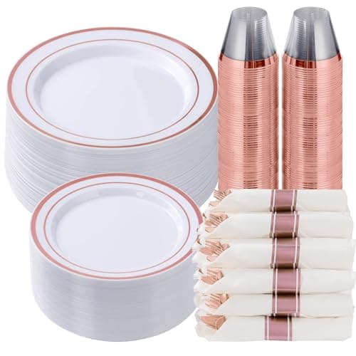 Goodluck 350 Piece Rose Gold Plastic Dinnerware Set for 50 Guests Fancy Disposable Plates for Party Include 50 Dinner Plates 50 Dessert Plates 50 Pre Rolled Napkins with Silverware 50 Cups