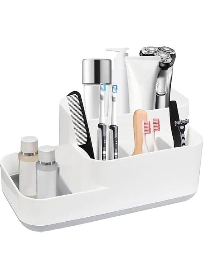 Toothbrush Holder, Toothbrush Holder for Bathroom Organizer Countertop, Detachable Anti-Slip Blue Toothpaste Storage Caddy 5 Slots White with Drainage Holes for Makeup Brush Razor Stand