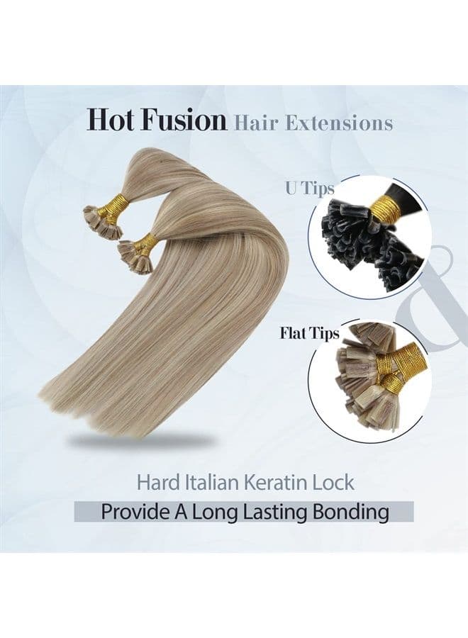 Sunny Flat Tip Hair Extensions Ash Blonde Highlighted Bleach Blonde Flat Tips Human Hair Extensions Pre Bonded Keratin Hair Extensions Real Hair Blonde Fusion Hair Extensions for Women 50s 50g 14inch