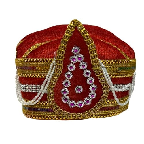 Kaku Fancy Dresses Akbar Mughal King Pagdi Turban Safa Traditional Royal Headgear for Kids | Fancy Dress Costume Accessory for Historical Plays & Cultural Events - Red