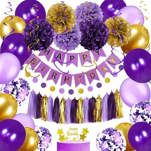 YGYXMY Purple and Gold Party Decorations for Women Happy Birthday Banner Balloons Tissue Pompoms Swirls Tassels Garland