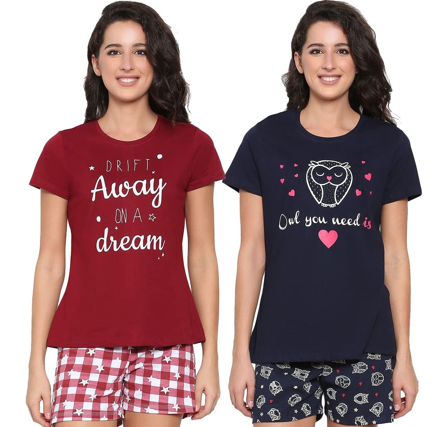 Real Basics Women's Cotton Printed Top And Shorts Pajama Set(Rb-W-Shortset-L-P2-Redowl_Set4_Large), Multicolor
