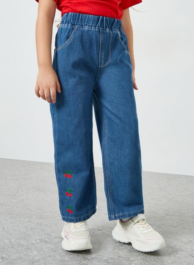 Girls Blue Embroidered Cherry Wide Leg Jeans