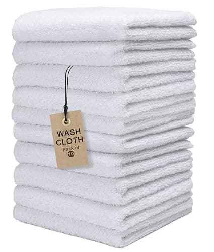 Textila Terry Wash Cloths Pack of 10 White 12x12 Inches Soft Absorbent Multipurpose Cotton Washcloths for Face Hand Bath Kitchen Spa Gym Hotel Use