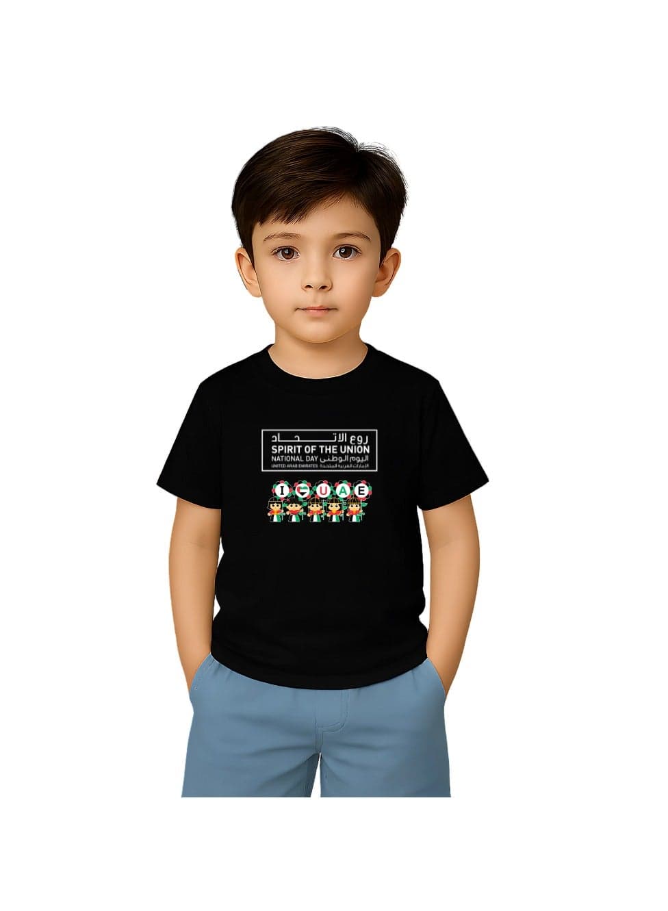 Unisex UAE Kids T-shirts for celebrating UAE National Day and Flag day events Black (Design 2)