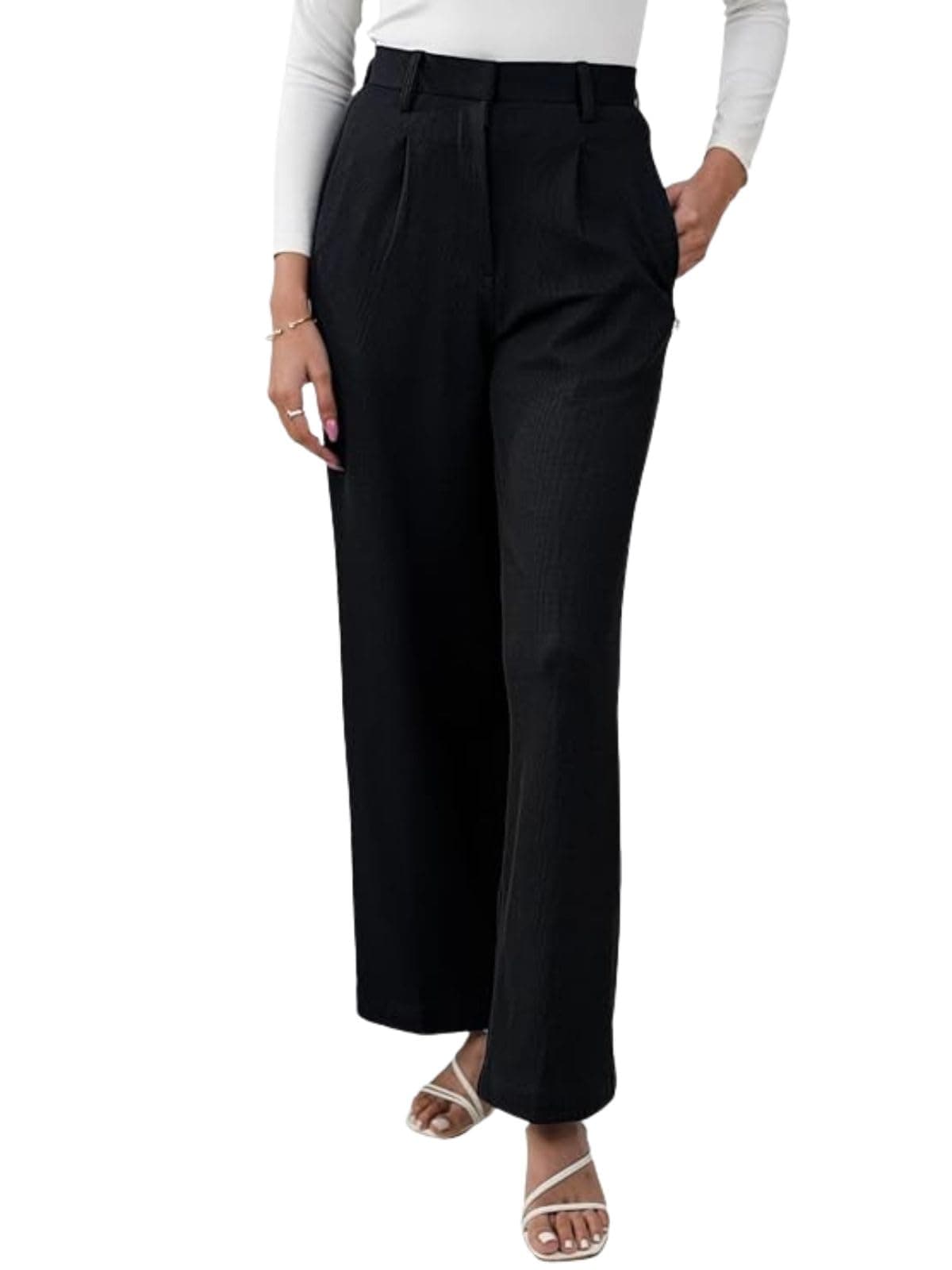 Leriya Fashion Women High Waist Polycotton Formal Trousers | Summer Breathable Wide Leg Pants with Pockets |Casual, Office & Travel Outfits | Flared Palazzo Style | Plus Black