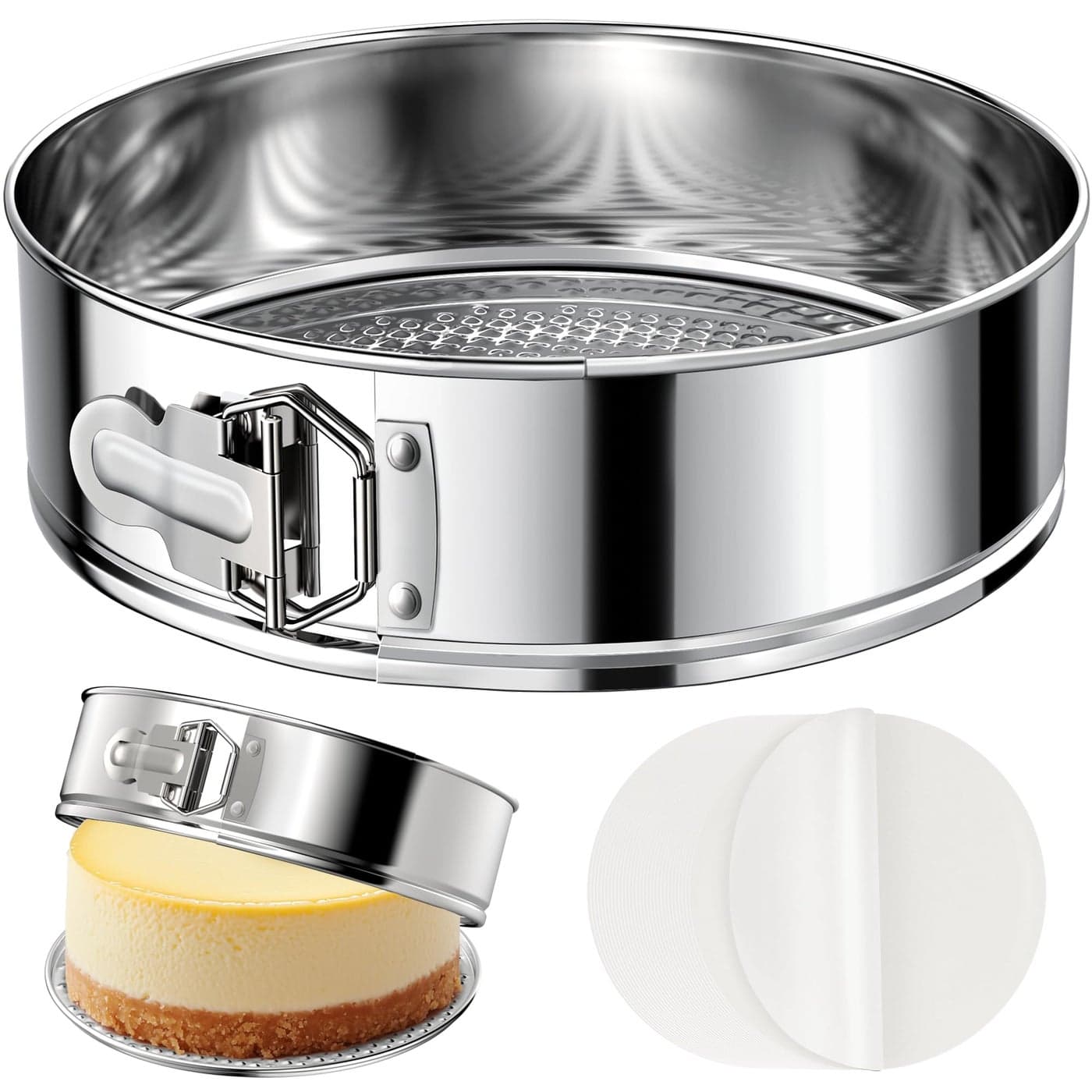 ZeroPone 10 Inch 304 Stainless Steel Springform Pan with Removable Bottom Nonstick Round Spring Form Cheesecake Pan with 30 Pcs Parchment Paper Liners