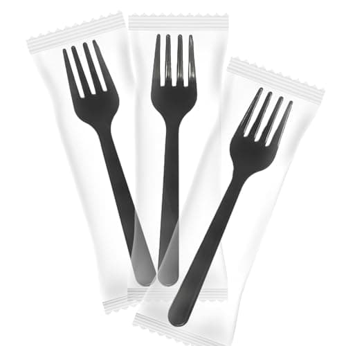 Individually Wrapped Mini Forks Black 4.7" Small Plastic Forks Disposable for Salad Appetizer Desert Fruit Party Supplies (100 Pack)