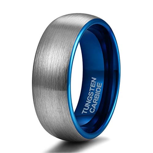 TRUMIUM 8mm Tungsten Carbide Wedding Ring Band for Him and Her Silver Blue Two Tone Brushed Comfort Fit Size 6