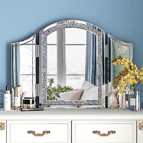 blingworld 3Way Mirror, Trifold Vanity Mirror 32"x24" Large Arch Mirror Luxury Makeup with Crushed Diamond for Home Decor Modern Framless Mirror with Bevled Hangable on The Wall for Bedroom