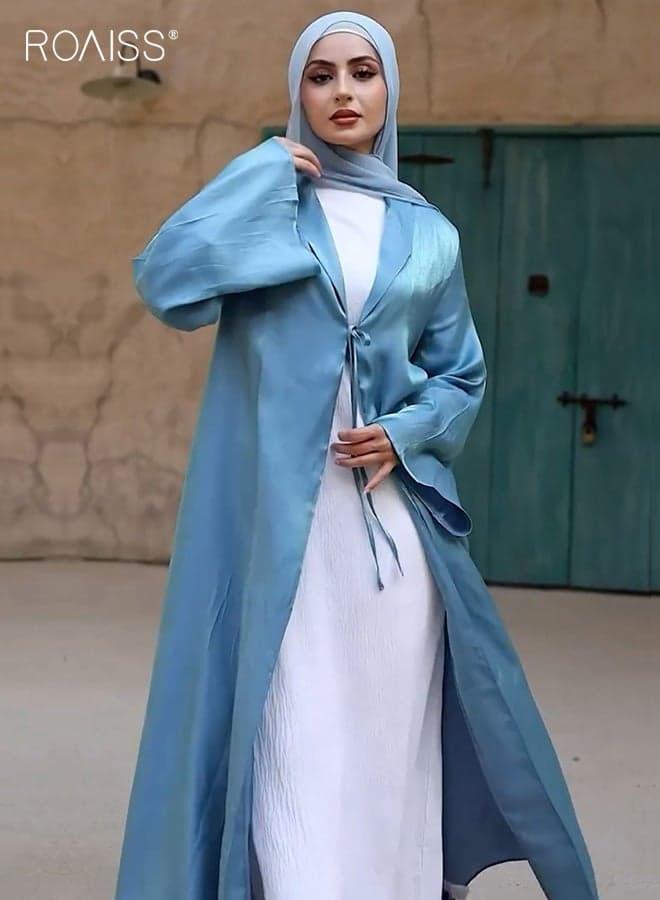 Women's Muslim Abaya, V-Neck Tie-Front Maxi Dress, Bell-Sleeve Silk Oversized Cardigan for Everyday Wear, Blue, Sizes M-XL