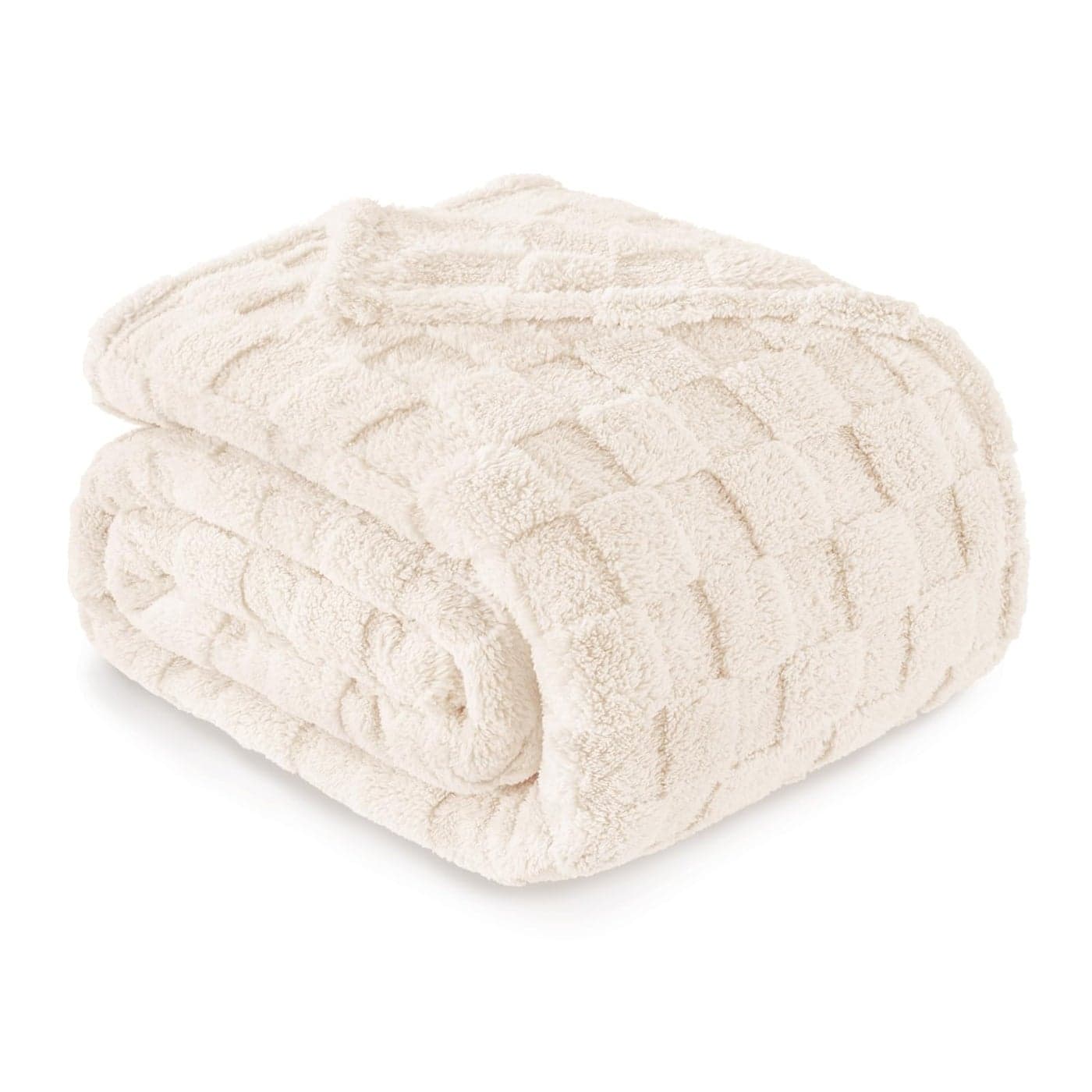 Exclusivo Mezcla King Size Flannel Fleece Blanket Super Soft and Warm Lightweight Checkered Pattern Blankets for All Seasons 90x104 Inches Ivory