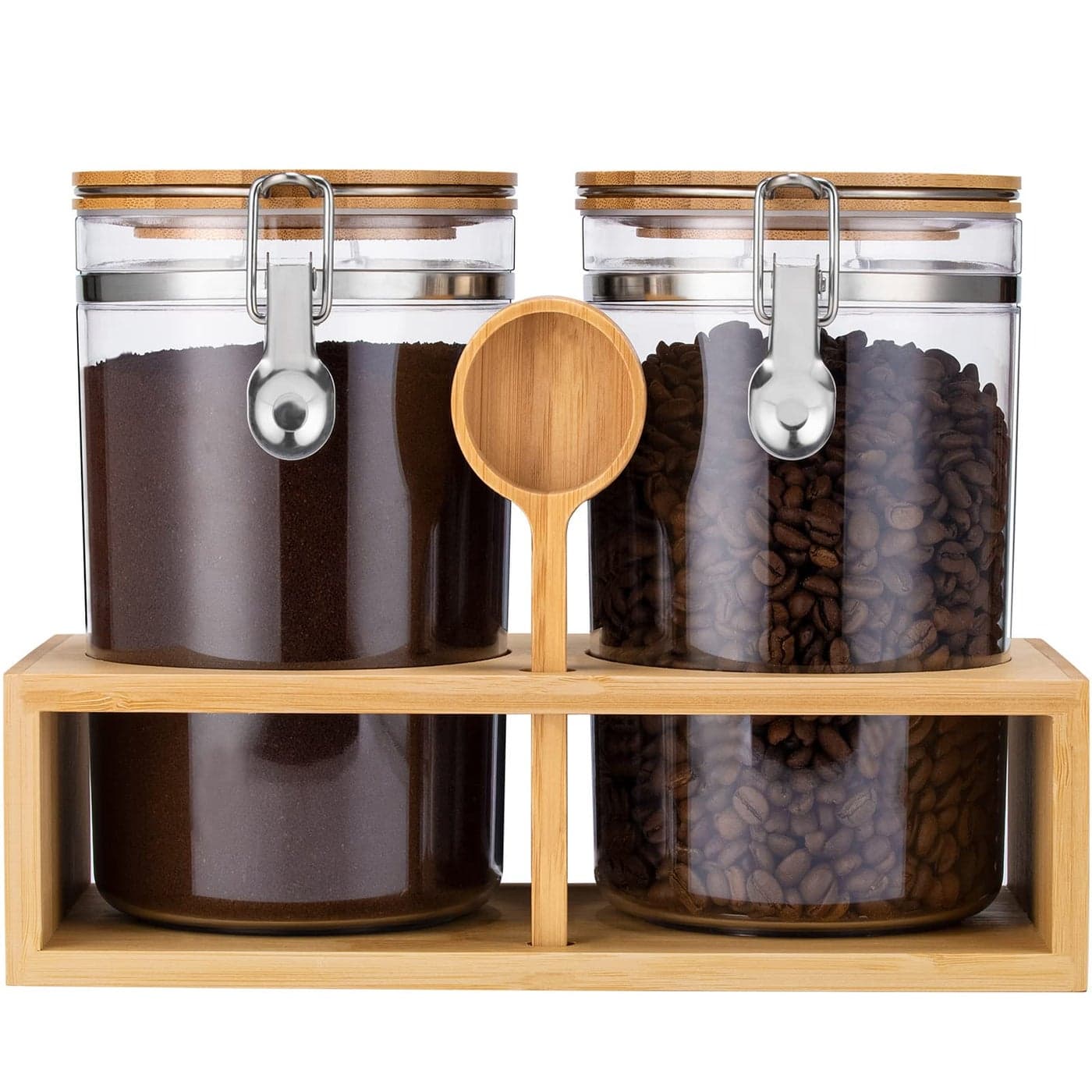 Yangbaga 2Pcs Coffee Sugar Canisters with Shelf 58OZ Plastics Storage Containers for Ground Coffee Bean Storage with Lid Locking ClampCoffee Scoop Food Storage Jar for Kitchen