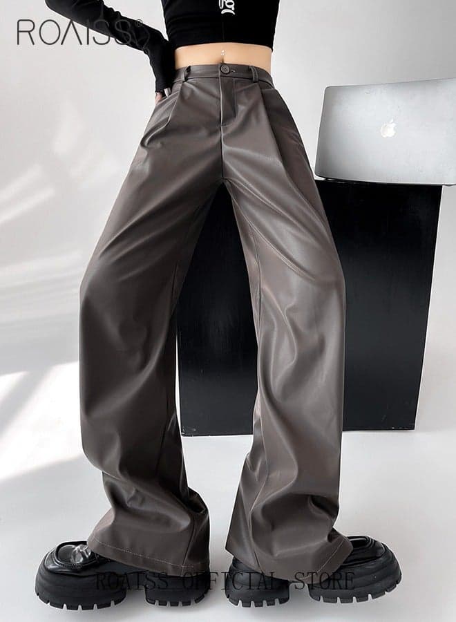 Women Slim Fit Leather Pants Relaxed Fit Straight Leg Trousers Ladies PU Suit Leather Pants Fashionable and Versatile for Casual Wear Flattering for All Leg Types Creates a Slim and Straight Leg Look