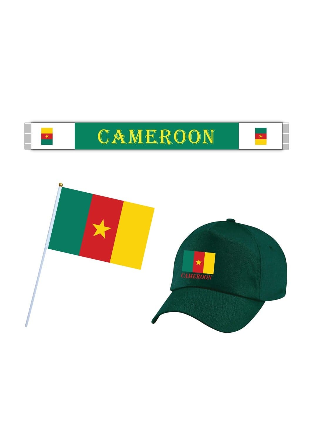 Cameroon Sports Combo Pack - Gifts for Sports Fan - Cap - Scarf - Flag - Flag Pin - Drawstring Bag