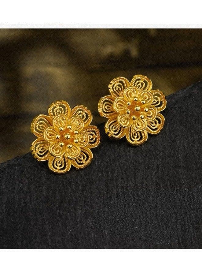 Elegant Gold-Tone Filigree Stud Earrings - Intricate Flower Design with Textured Finish, Traditional Style for Special Occasions and Cultural EventsElegant Gold-Tone Filigree Stud Earrings - Intrica