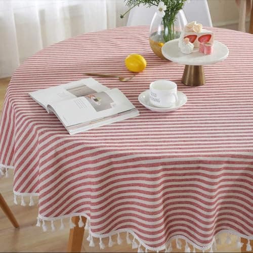 TruDelve Round Tablecloth 60 Inch Red and White Striped Cloth Tablecloths Circle Outdoor Picnic Table Cloth Round Cover Red60Round