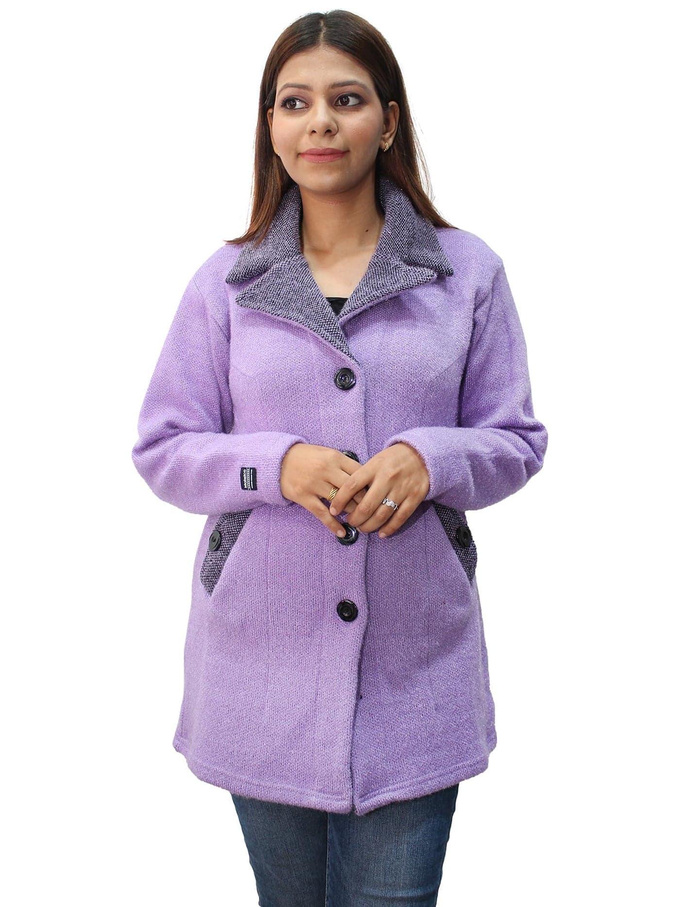 Matelco Womens Woollen Collared Coat Cardigan (IN, Alpha, 2XL, Lavender), Long Length