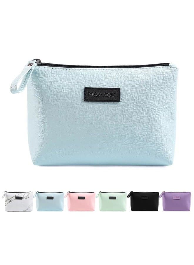 Makeup Bag for Purse MAANGE Small Travel Cosmetic Bag Makeup Pouch PU Leather Portable Versatile Zipper Pouch for Women, Blue, small makeup bag