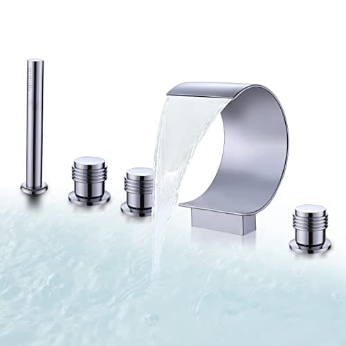 AZOS Waterfall Bathtub Faucet Set with Hand Shower Widespread Roman Tub Faucet Set 5 Hole Tub Filler Faucet Deck Mounted Roman Bathtub Faucet with Sprayer Chrome
