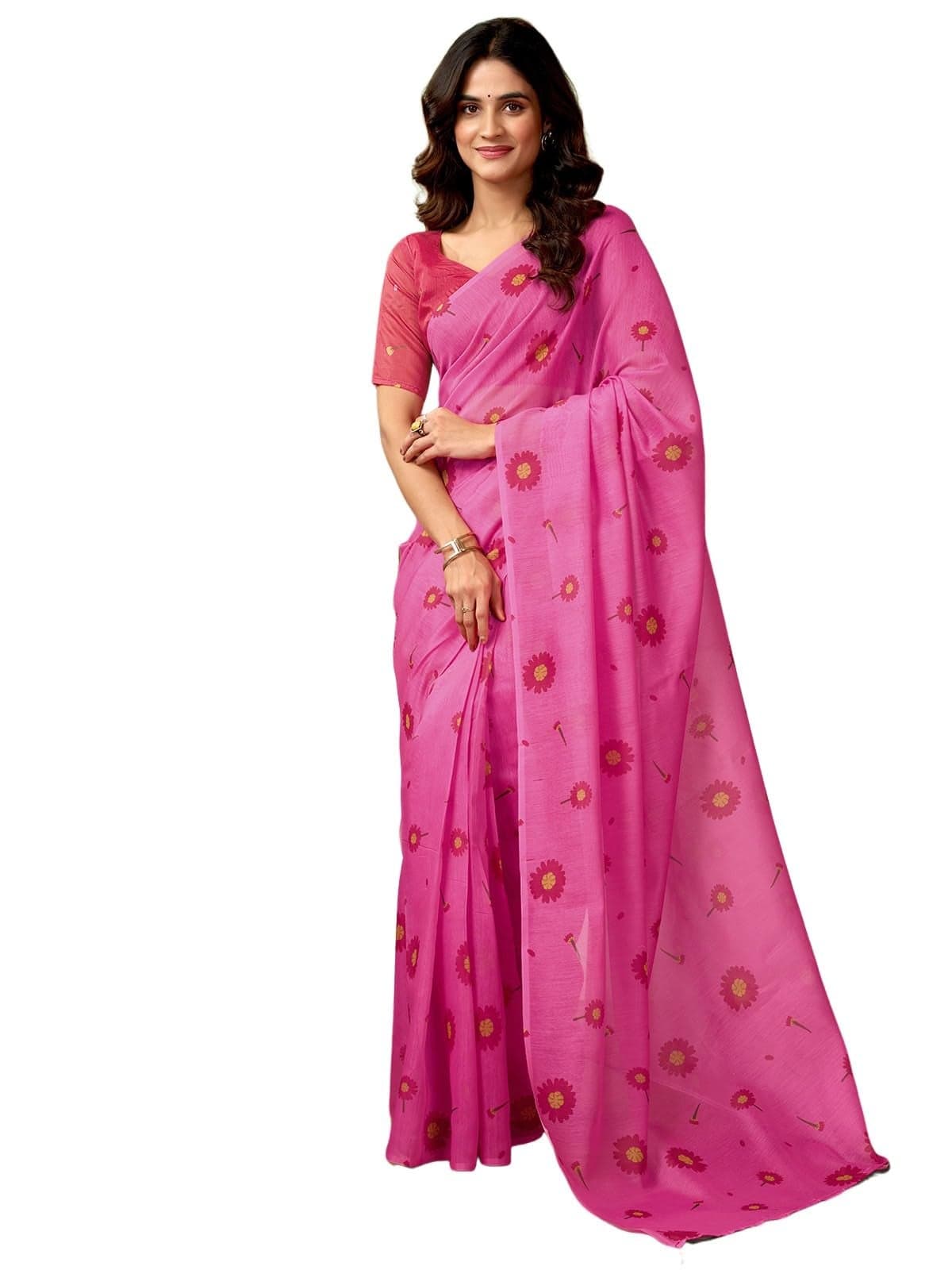 Satrani Women's Chanderi Cotton Printed Ready To Wear One Minute Pre Pleated Readymade Saree with Unstitched Blouse Piece (32RS294N_Pink2)