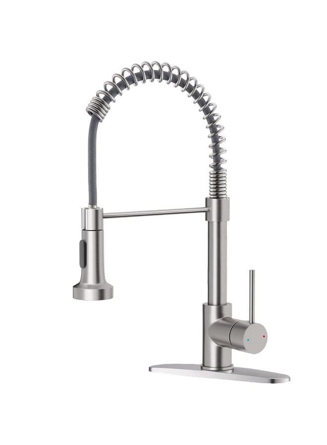 Kitchen Faucets Low Lead Commercial Solid Brass Single Handle Single Lever Pull Down Sprayer Spring Kitchen Sink Faucet, Brushed Nickel