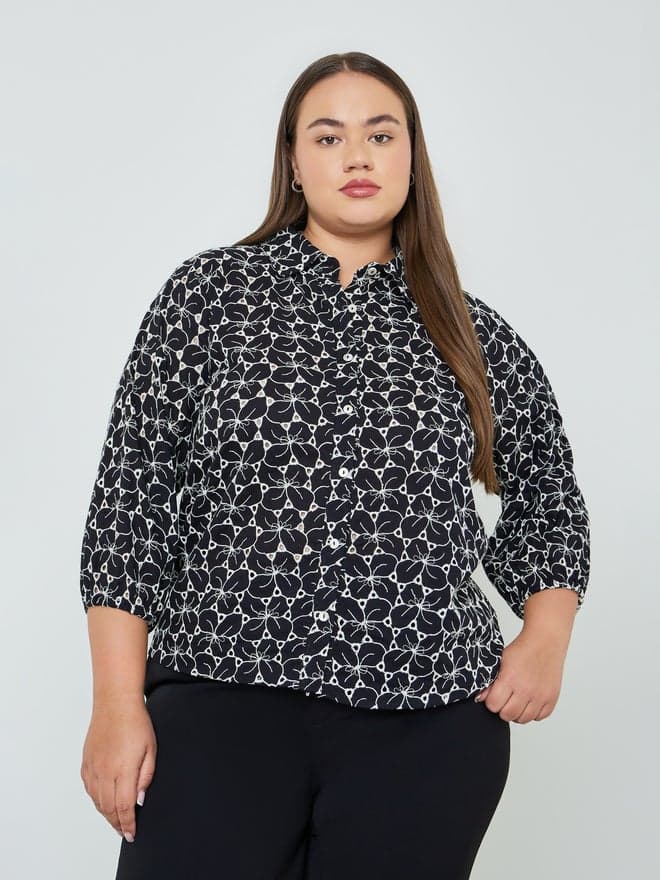 Plus Size Embroidered Eyelet 3/4 Sleeve Shirt