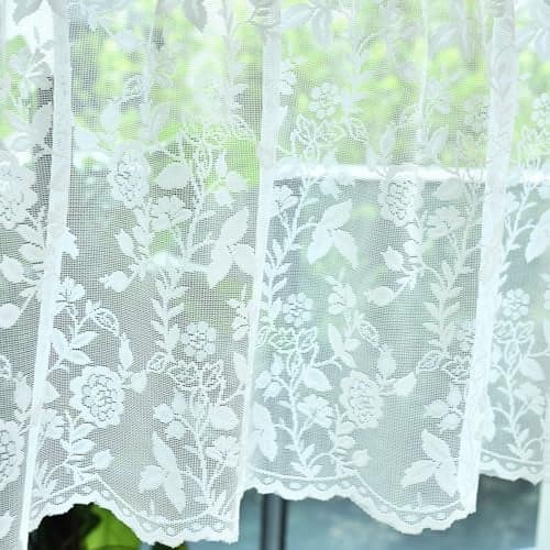 FINECITY Lace Valances for Windows Over Sink Rustic Leaf Floral Scalloped Bottom Sheer Kitchen Valance Curtain 18 Inch Length Rod Pocket Privacy Short Lace Valance 52 x 18 Inch 1 Panel Ivory