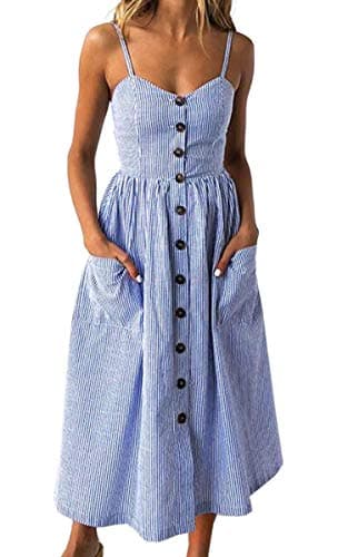 Angashion Women's Dresses-Summer Floral Bohemian Spaghetti Strap Button Down Swing Midi Dress Navy Blue Striped S