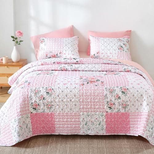 YIKUSH Floral Quilt Set Twin Size – Ultra Soft Lightweight Bedspread, 2 Piece Pink Bedding Set (66"x90") with Pillowcases (20"*26"), All Season Coverlet for Bedroom & Guest Room