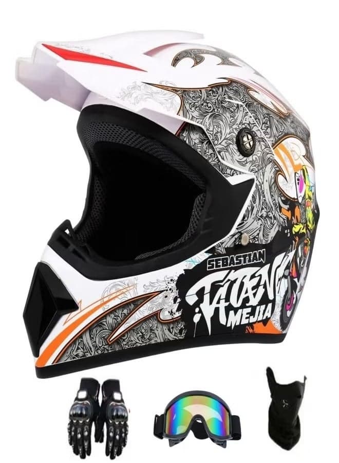 4-Piece Full Face Racing Motorcycle Helmet Kit Protective Gear Motorcycle Helmets Street Bike Racing Moto Helmet Cartoon Car Helmet Electric Car Helmet Suitable For Young Boys And Girls(M recommends a head circumference of 56-57cm.)