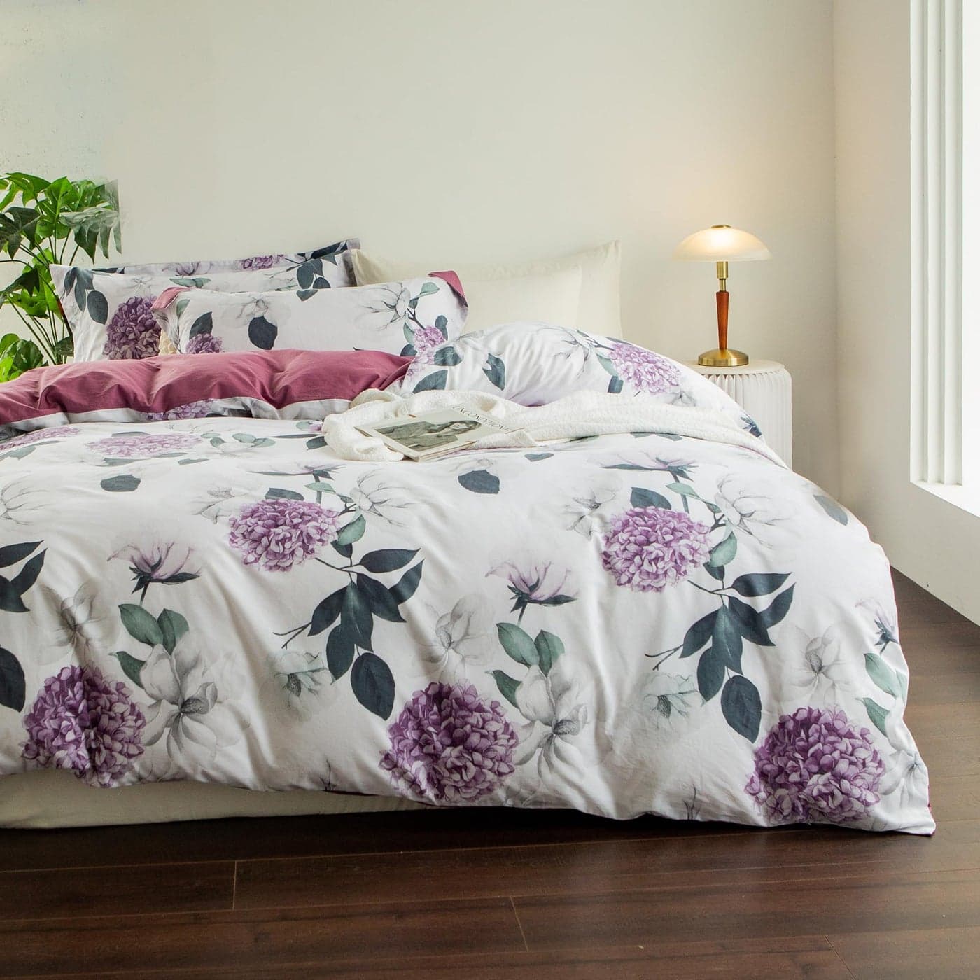 MILDLY 100 Washed Cotton Duvet Cover Purple Hydrangea Floral Comforter Cover Set Botanical Flower Pattern Bedding Set with Zipper Closure