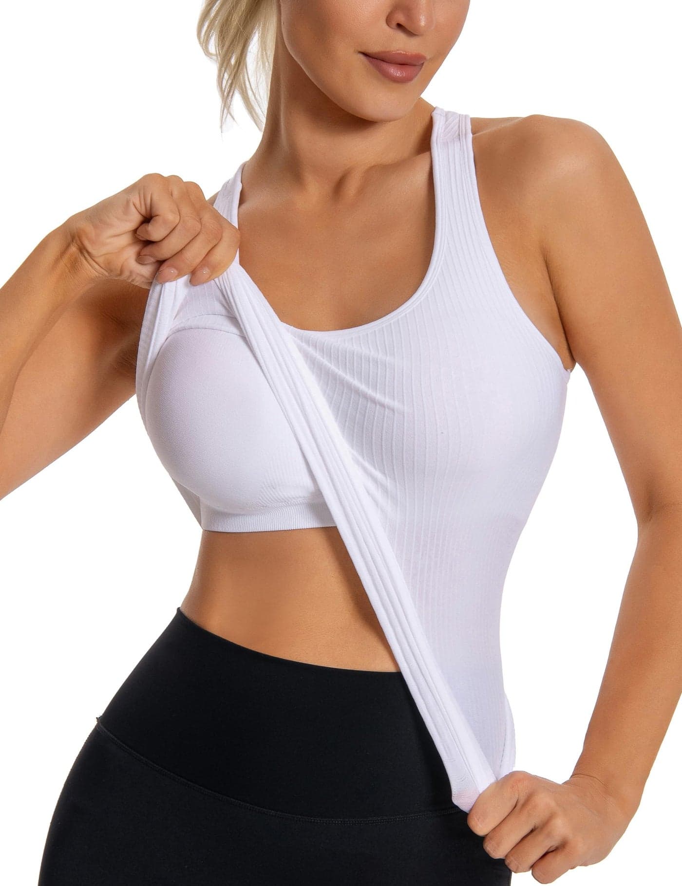 MathCat Seamless Workout Tank Top for Women with Built in Bra, Padded Racerback Athletic Yoga Camisole, Sleeveless Gym Shirts White