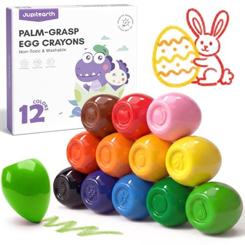 JUPITEARTH 12 Colors Egg Crayons for Toddlers 13 PalmGrasp Non Toxic Jumbo Washable Crayons for Kids Fat Brain Toys for Preschool Art Supplies and Perfect Easter Gifts for Boys and Girls