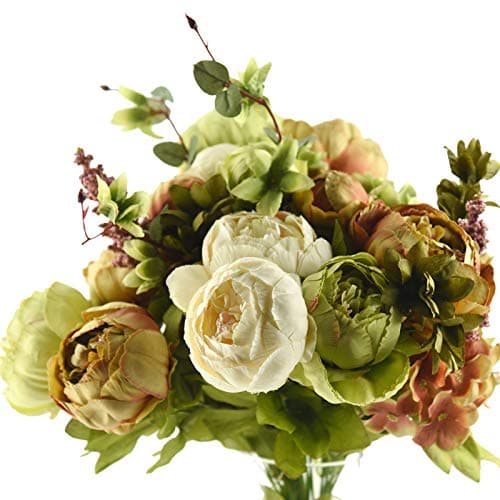 FiveSeasonStuff Vintage Artificial Peonies Silk Peony Flowers and Hydrangeas for Wedding Bridal Home Décor – Beautiful Floral Centerpiece Arrangement 2 Bouquets (Country Rustic Brown Beige Green Mix)