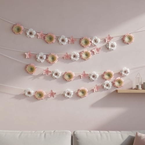 Pinfliers 1st Birthday Decoration Kit, Welcome Baby Home, 6 Months Bday/Kids Room/Naming Ceremony/Backdrop Décor, Pastel Pink,White Party for Girls, Garland/Banner/Bunting, 18 Paper Flowers, 60 inch