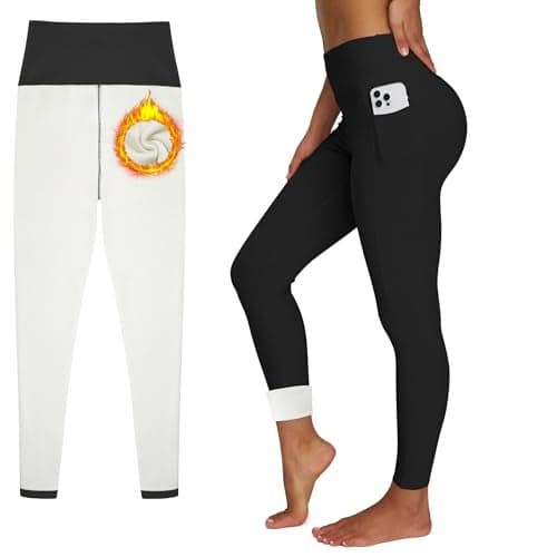 Uowou Women's Thick Fleece Lined Leggings with Pockets High Waisted Tummy Control Thermal Warm Yoga Pants for Winter Black