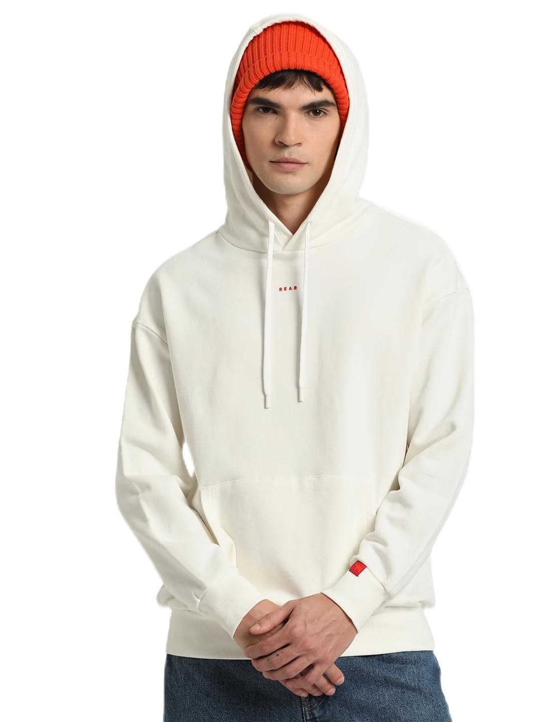 THE BEAR HOUSE Men White Solid Relaxed Fit Hoodi