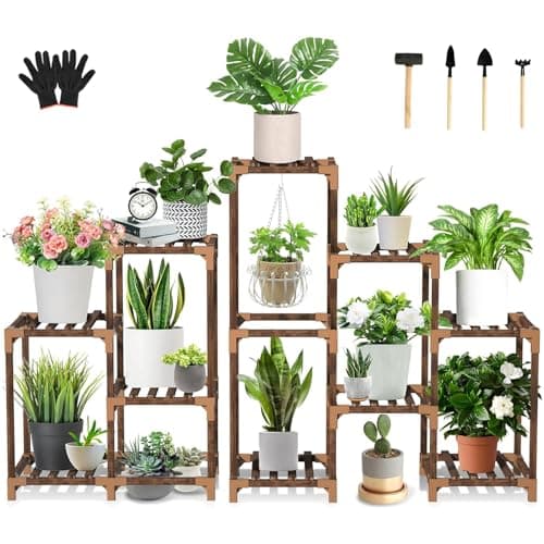 Uneedem Wood Plant Stand Indoor Outdoor Corner Plant Shelf Stand 5 Tiered 10 Potted Flower Plant Stands for Indoor Plants Multiple Plant Shelves Stands Rack for Living Room Patio Balcony