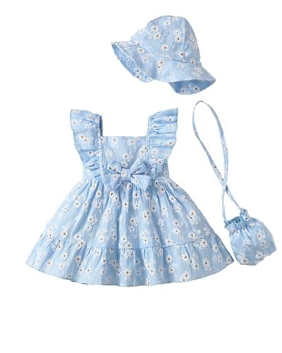 Renotemy Baby Girl Dresses Summer Outfits Newborn Infant Boho Blue Daisy Casual Floral Sundress with Hat and Bag Sleeveless Preemie Party Beach Dress Baby Girl Clothes 0-3 Months