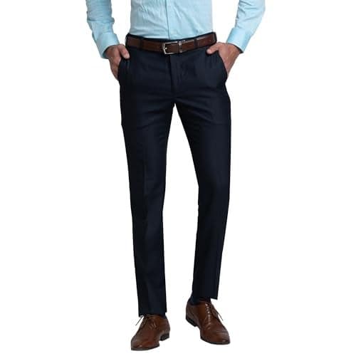 Raymond Men Slim Fit Solid Pattern Poly Viscose Blend Pleatless Formal Trouser (Size: 32)-RMTS04720-B8 Dark Blue